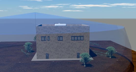 Volumen Translúcido Azul Claro: Representa un cono de visibilidad, un campo de detección de un sensor, o una zona de influencia de algún tipo de señal o vigilancia, que se extiende desde una fuente (posiblemente en la parte superior del edificio).
Edificio de Dos Plantas (Gris y Beige): Estructura central del escenario, que podría ser una vivienda, una estación de monitoreo o una edificación industrial.
Terreno Marrón con Vegetación Escasa: Indica un entorno posiblemente rural, desértico o semiárido, con algunos árboles y vegetación baja.
Cielo con Nubes Dispersas: Fondo atmosférico del modelo 3D.