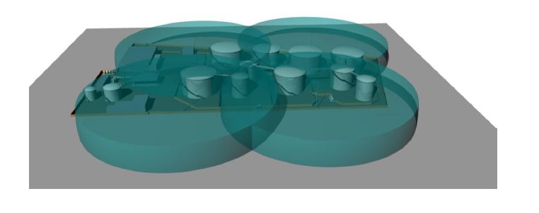 Cilindros Translúcidos Cian/Azul-Verdoso: Representan zonas de influencia, cobertura o "huella" de las instalaciones o tanques subyacentes. Podrían indicar áreas de seguridad, zonas de monitoreo, o el alcance de servicios.
Tanques/Silos Cilíndricos (Grises/Blancos): Componentes centrales de una instalación industrial, posiblemente de almacenamiento de líquidos o gases.
Plataforma Elevada con Tuberías (Marrón/Gris): Estructura de soporte y conexión entre los tanques, sugiriendo una red de procesamiento o distribución.
Base Plana (Gris): Superficie sobre la que se asienta toda la instalación, representando el terreno o una losa de cimentación.