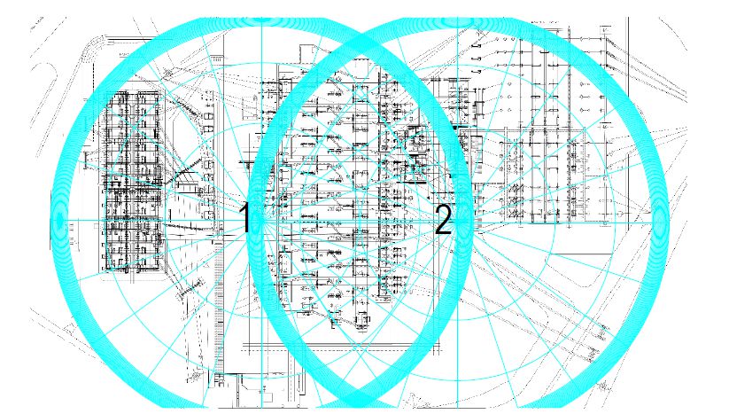 Círculos Cian: Indican radios de cobertura o influencia, posiblemente relacionados con servicios o accesibilidad peatonal desde los puntos centrales (1 y 2).
Puntos Centrales (1 y 2): Representan ubicaciones clave o puntos de origen para los radios de cobertura, como núcleos de servicios, entradas principales o centros de actividad.
Plano Arquitectónico: Detalla la distribución espacial de un edificio o complejo, incluyendo la disposición de habitaciones, estructuras y posibles rutas de circulación.
Líneas Radiales y Concéntricas (dentro de los círculos): Sugieren una métrica de distancia o tiempo dentro del radio de influencia, útil para evaluar accesibilidad o densidad.