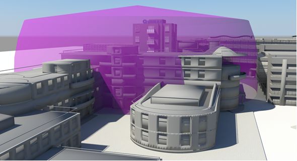 Volumen Translúcido Violeta: Representa un cono de visibilidad, un área de influencia visual o un volumen de análisis de sombra, indicando el espacio que está afectado o que puede ser visto desde un punto específico o en una dirección determinada.
Edificios Renderizados en Escala de Grises: Muestran el entorno urbano existente, con sus volúmenes y alturas, que interactúan con el cono de visibilidad.
Cielo: Representa el fondo atmosférico del modelo 3D.